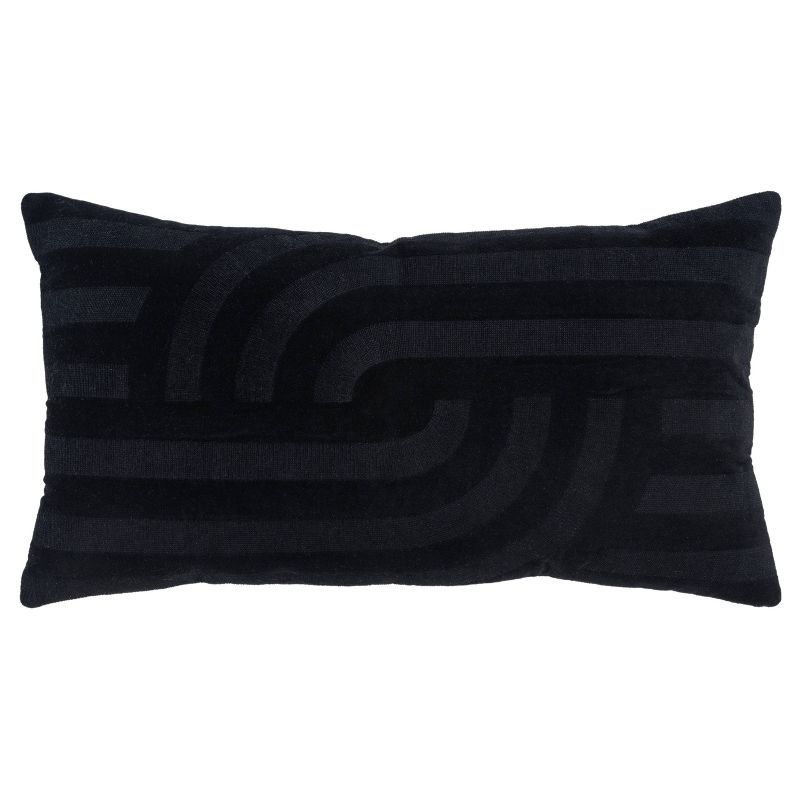 Oversized Black Cotton Velvet Embroidered Lumbar Pillow 14"x26"