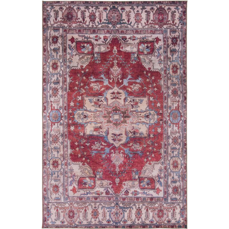 Red/Beige Synthetic Easy-Care Hand-Knotted 4' x 6' Area Rug