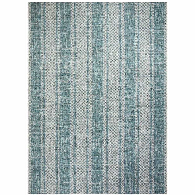 Light Gray and Teal Striped Outdoor Area Rug