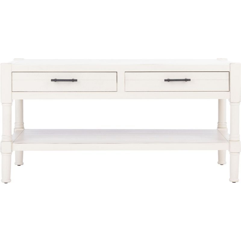 Distressed White Rectangular Wood Coffee Table with Storage