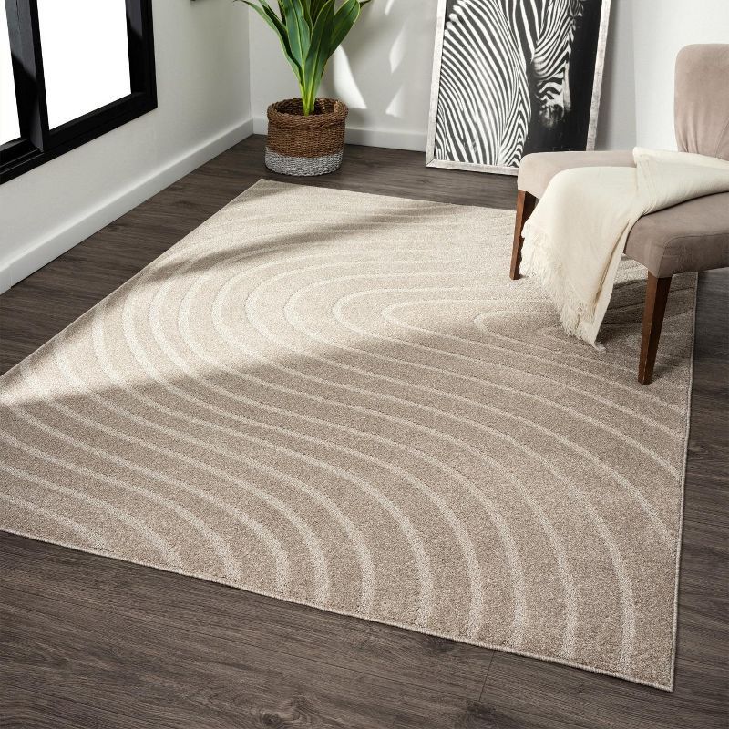 Beige Geometric Wave 6'7" x 9'2" Synthetic Area Rug