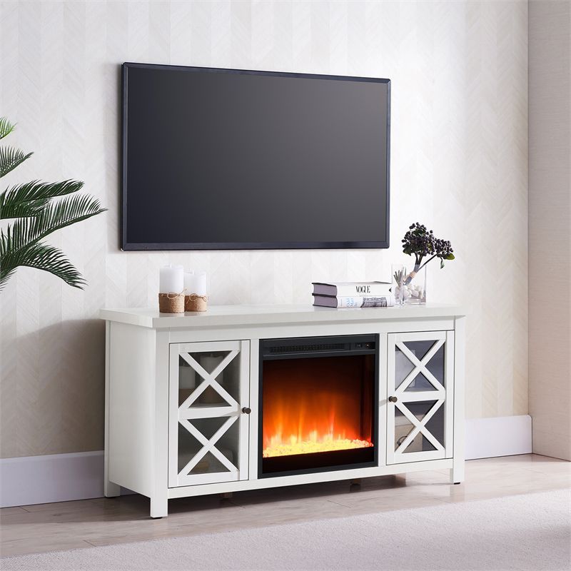 White 47 Inch TV Stand with Electric Fireplace and Glass Doors