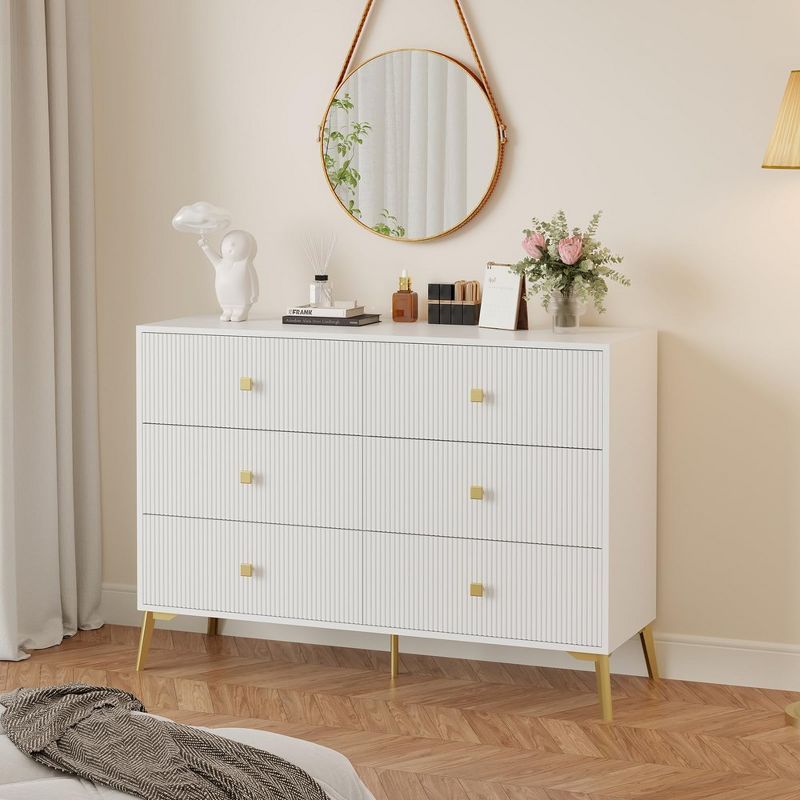 White and Gold Fluted 6-Drawer Dresser with Curved Design