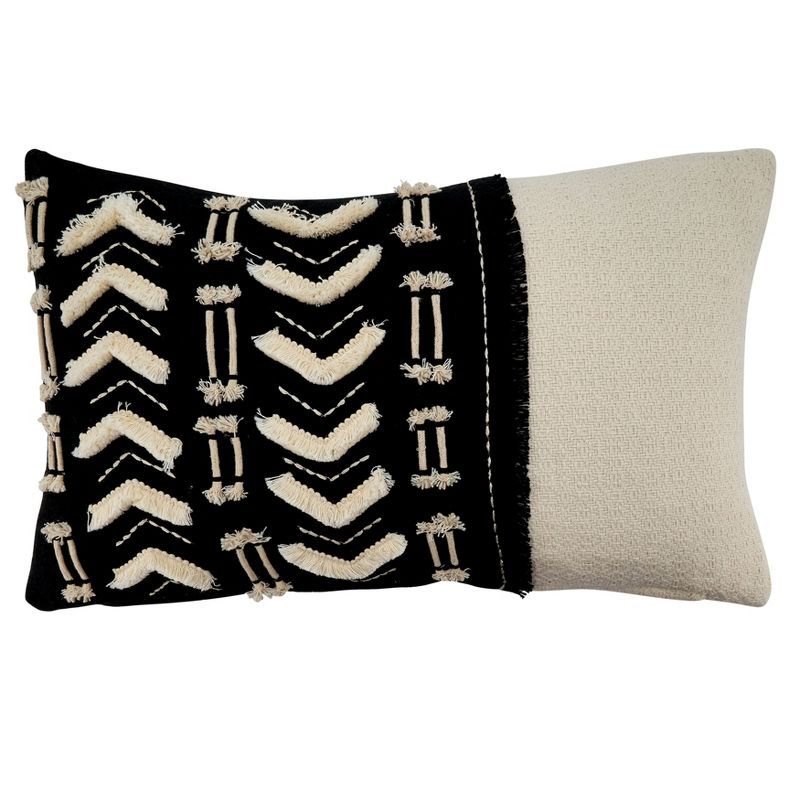 Black and White Embroidered Rectangular Cotton Pillow