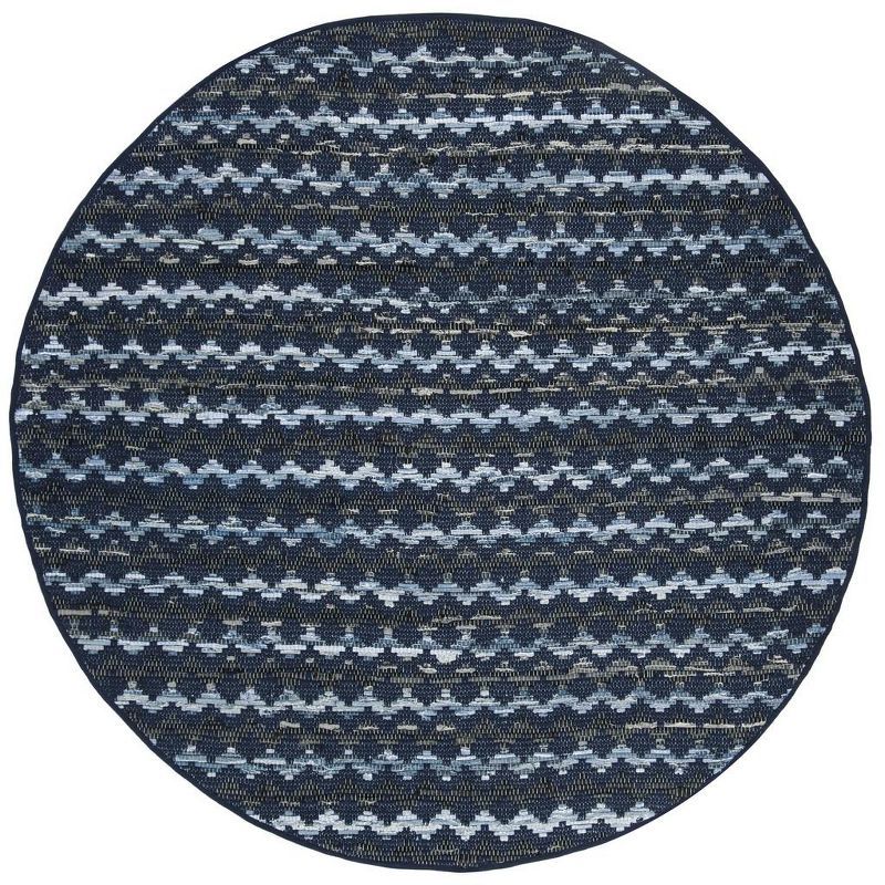 Handwoven Navy Blue and Black Wool Cotton Round Area Rug