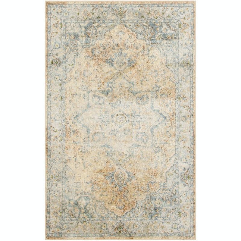 Beige Blue Medallion Washable Synthetic Flatweave Rug 2'2" x 4'