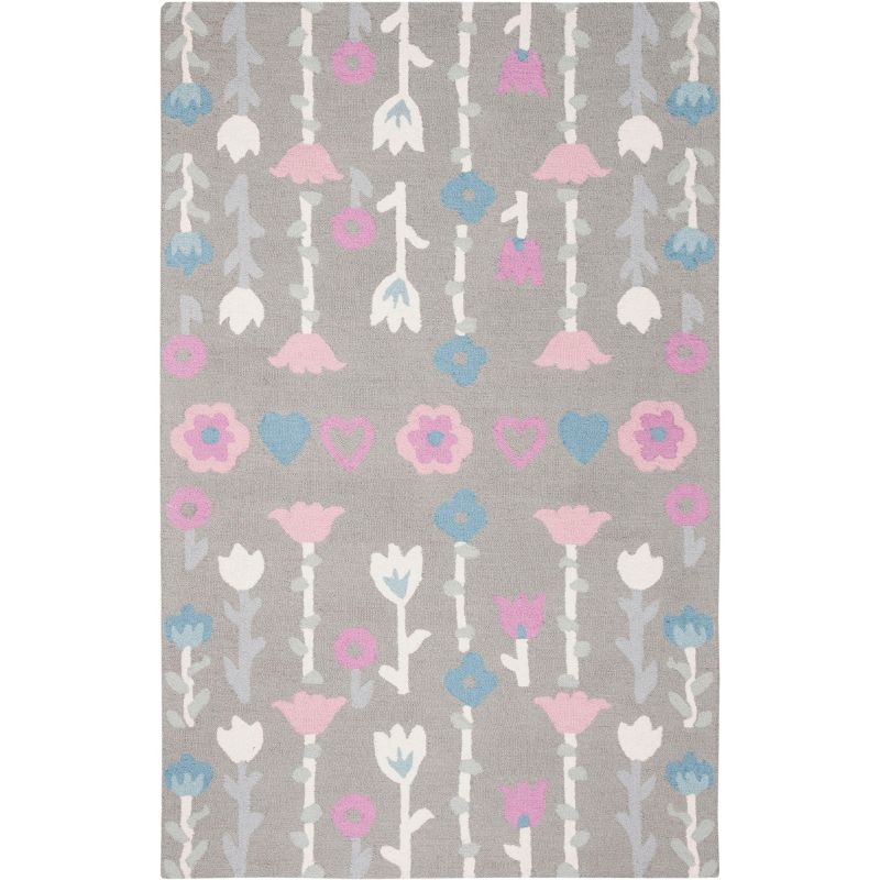 Hand-Tufted Grey and Pink Wool Floral Kids Rug 4' x 6'