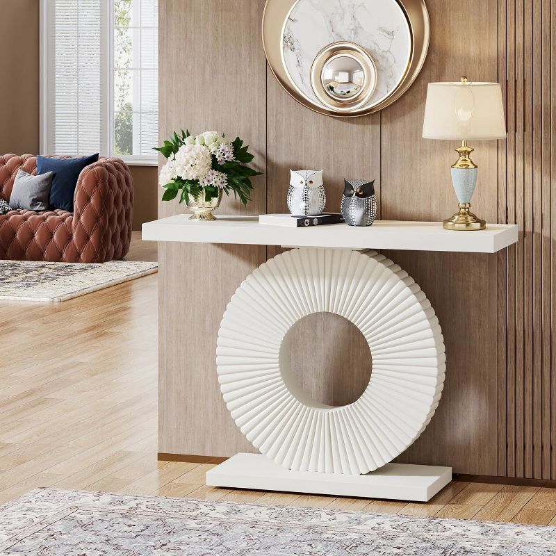 White 40-Inch Wood Console Table with Geometric Base