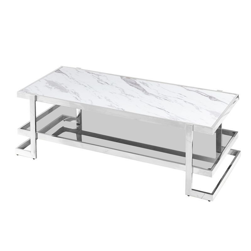 Silver and White Rectangular Marble Glass Coffee Table