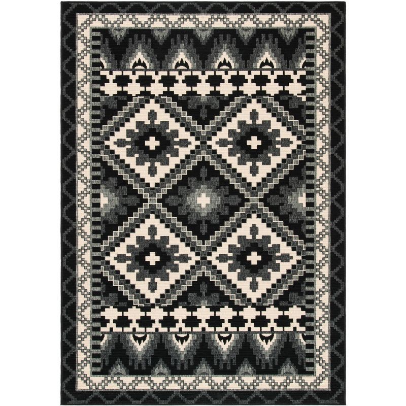 Black and Beige Round Synthetic Indoor/Outdoor Rug