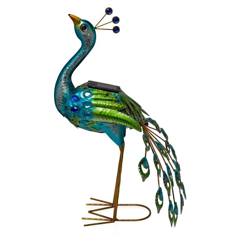 Solar-Powered Blue and Green Metal Peacock Garden Sculpture with LED Light, 20"