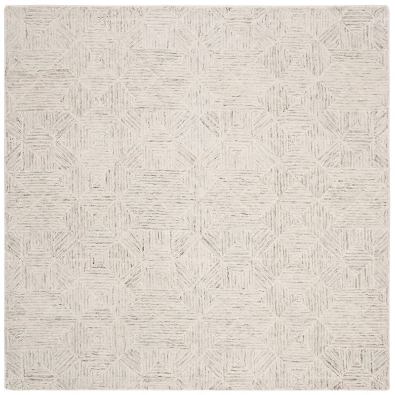 Grey and Ivory Handmade Wool Abstract Square Rug