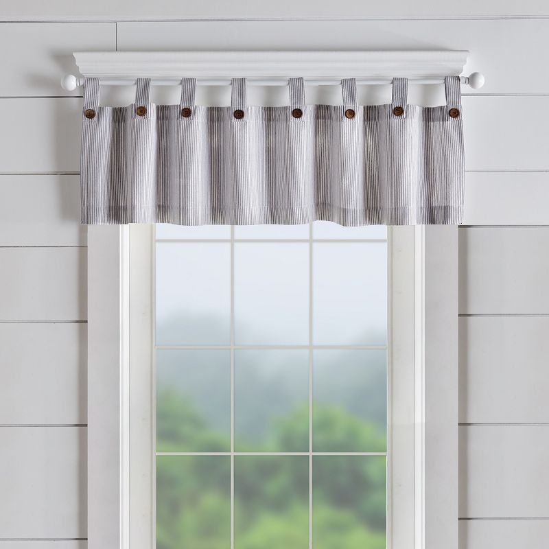 Gray Striped Cotton Tab Top Window Valance with Wooden Buttons