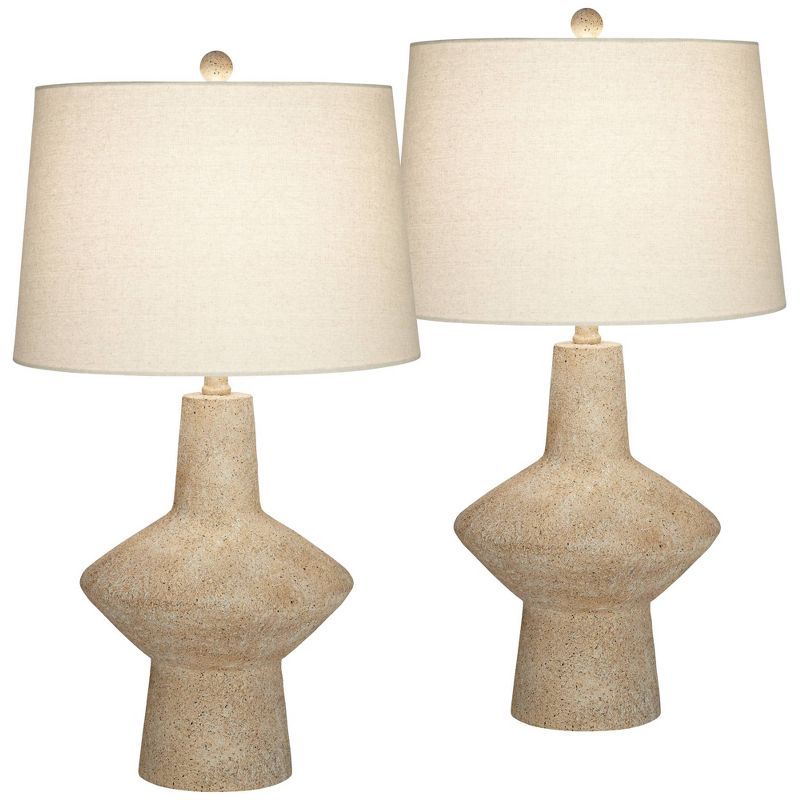 Set of 2 Beige Geometric Coastal Table Lamps with Off-White Shades