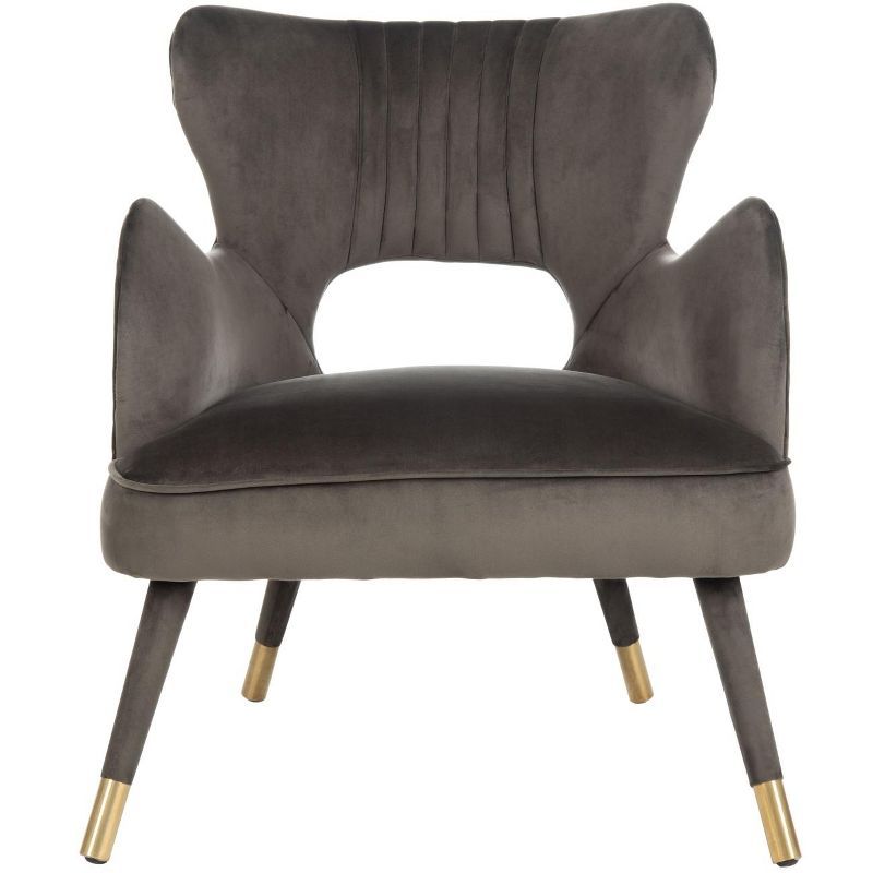 Shale Velvet & Gold-Capped Wood Transitional Accent Chair