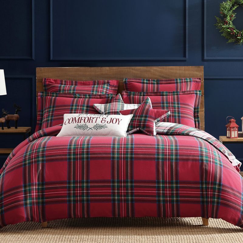 Full Red Cotton Reversible Plaid Duvet Set