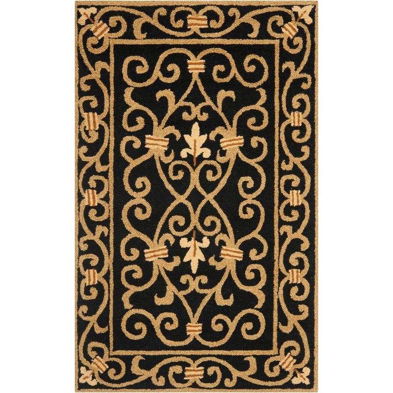 Handmade Black Floral Wool Rectangular Area Rug