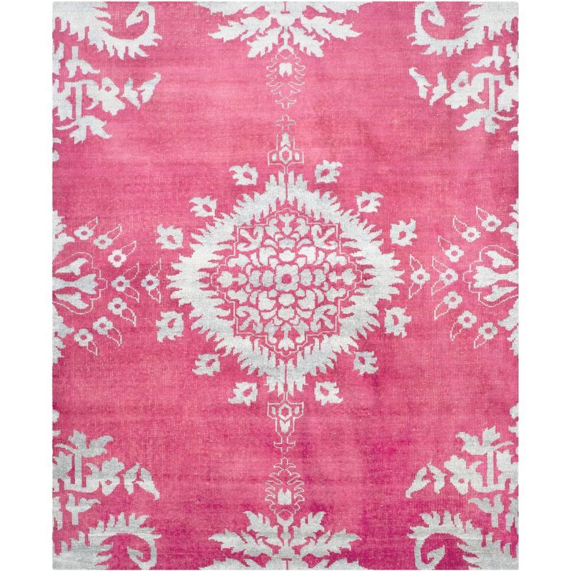 Fuchsia and White Hand-Knotted Wool Silk 8' x 10' Area Rug