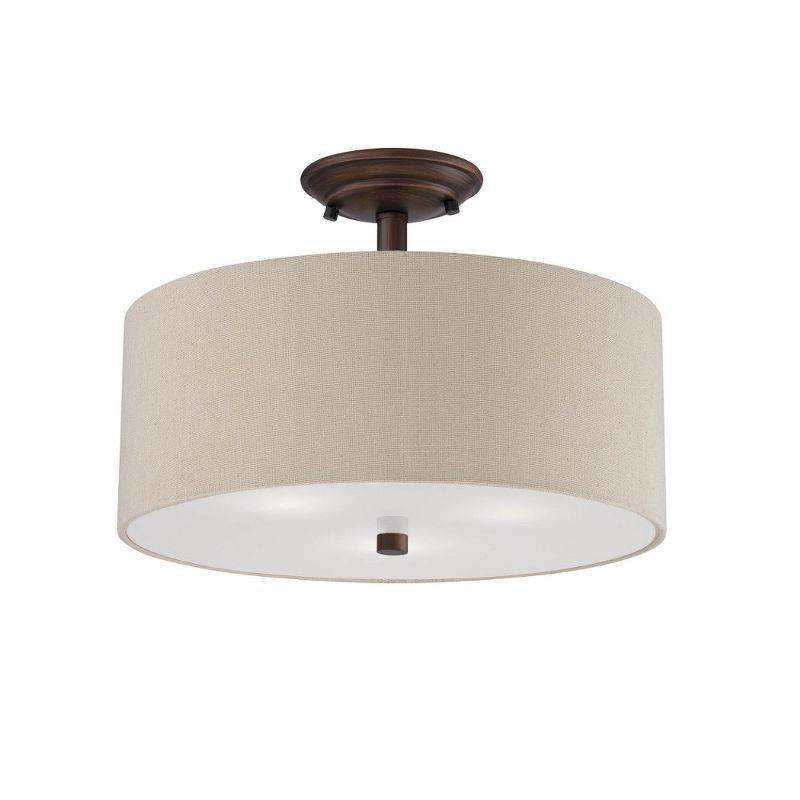 15" Beige Drum Glass and Bronze Semi-Flush Mount Light