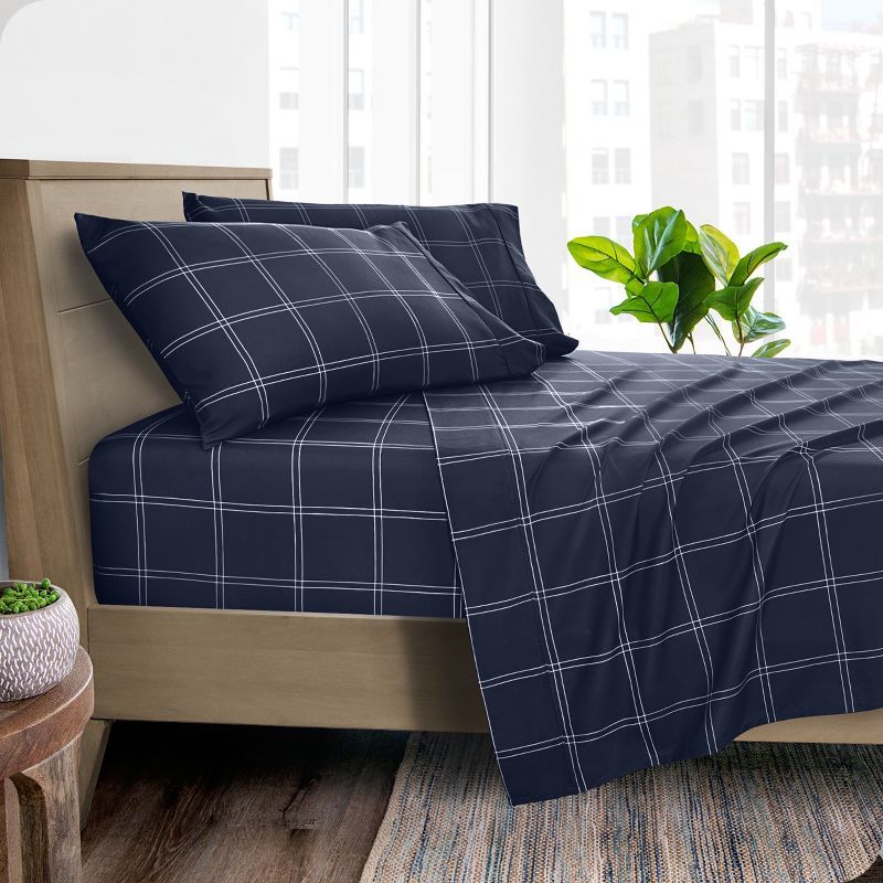 Twin XL Modern Plaid Midnight Microfiber Sheet Set