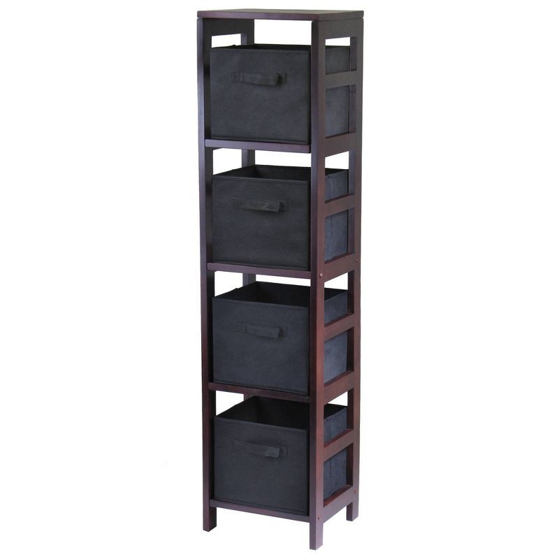 Espresso Wood Narrow Shelf with Black Fabric Baskets