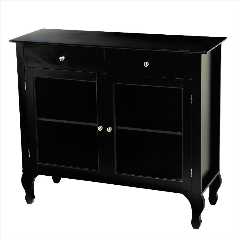 Petite Queen Anne Black Buffet with Tempered Glass Doors