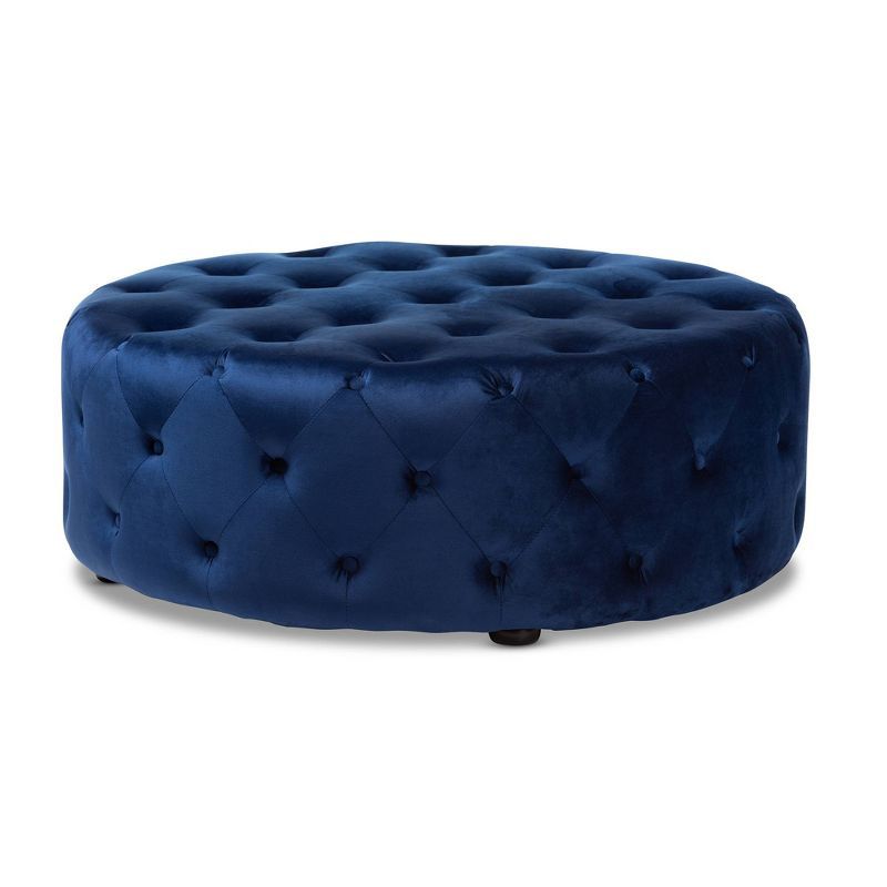 Cardiff Round Blue Velvet Tufted Ottoman