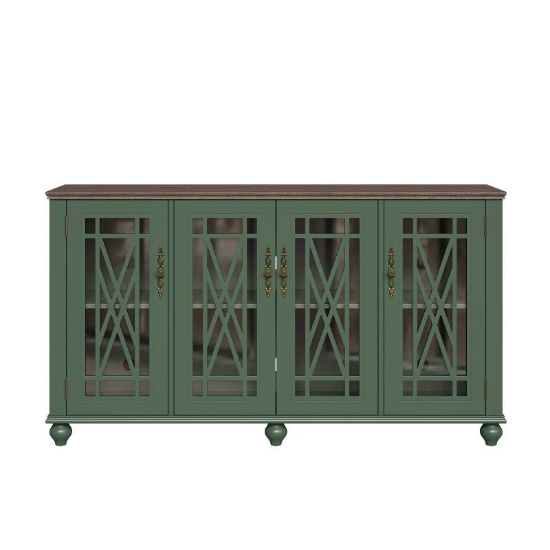 Green Vintage Style Wood Buffet Sideboard Cabinet with Glass Doors