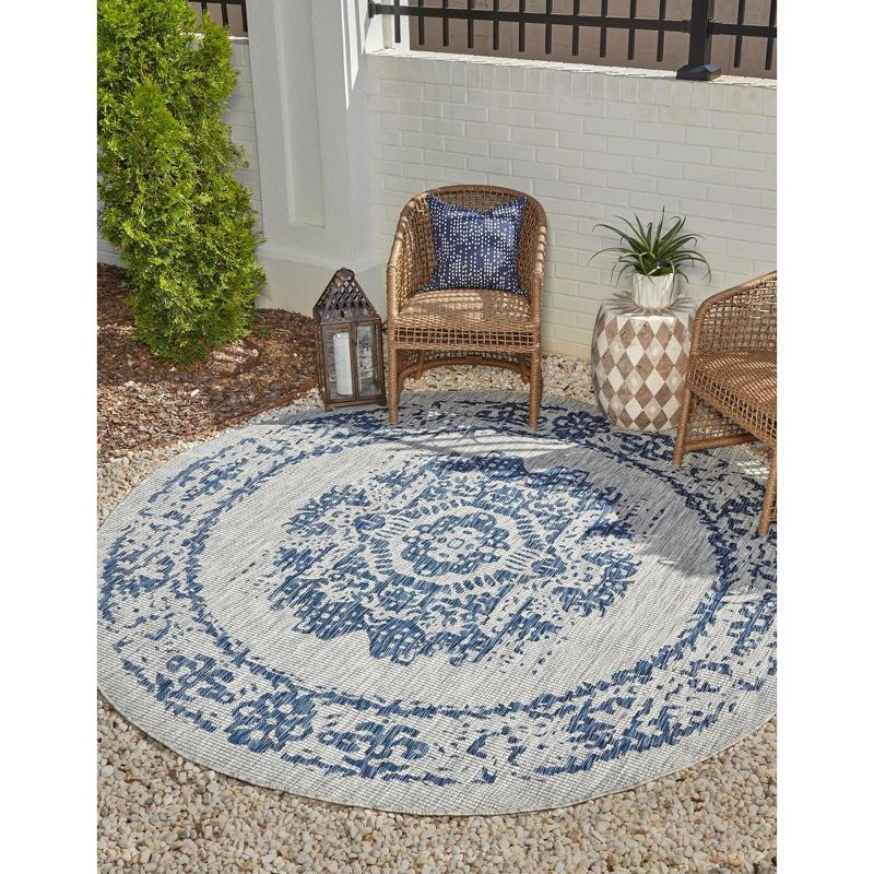 Azure Blue Round Stain-Resistant Outdoor Area Rug