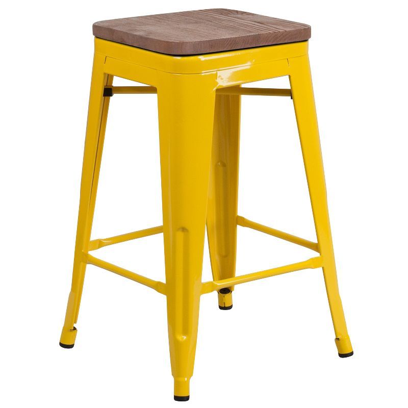 Yellow Backless Metal Dining Stool with Wooden Seat, 25"