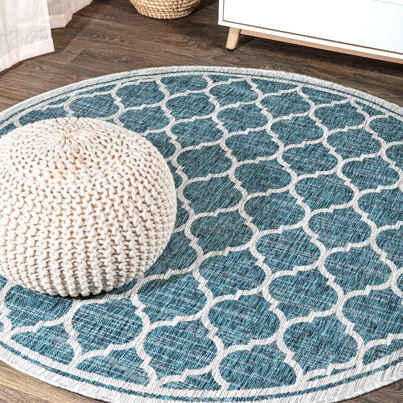 Teal and Gray Round Moroccan Trellis Indoor/Outdoor Rug