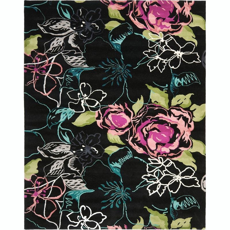 Black Floral Handmade Wool 8' x 10' Area Rug