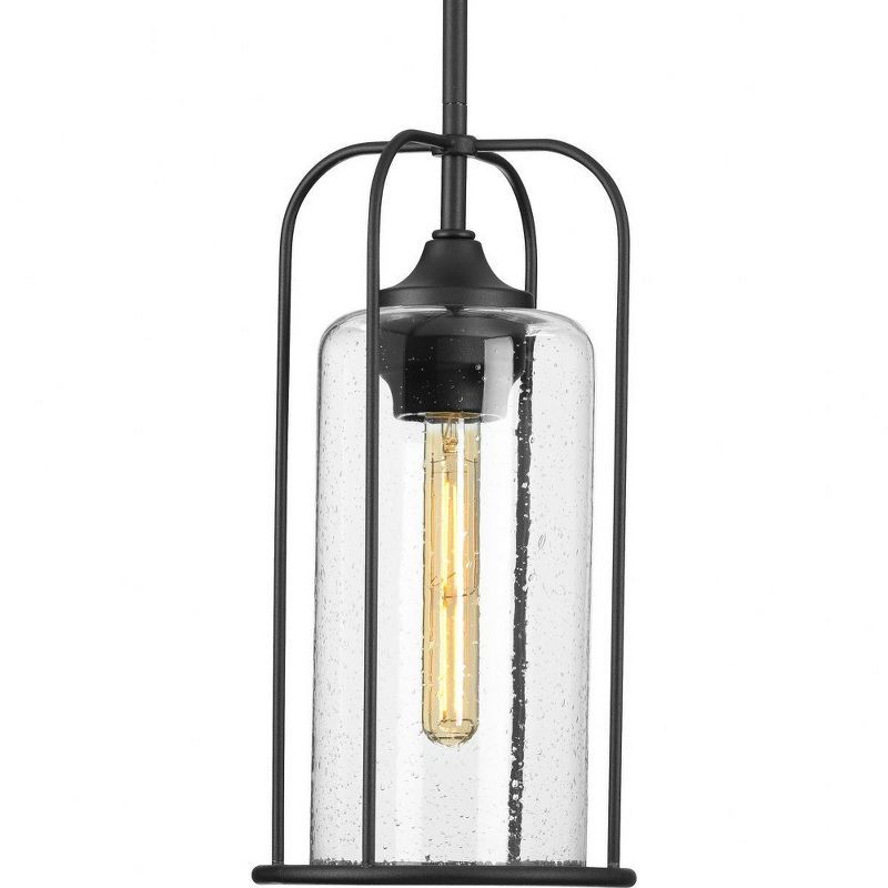 Textured Black Farmhouse Hanging Pendant Lantern with Seeded Glass Shade