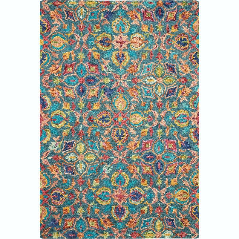 Handmade Teal Floral Wool Area Rug 5' x 7'