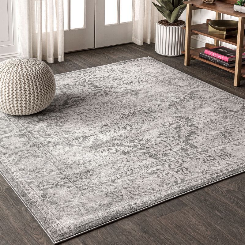Gray Square Stain-Resistant Synthetic Area Rug