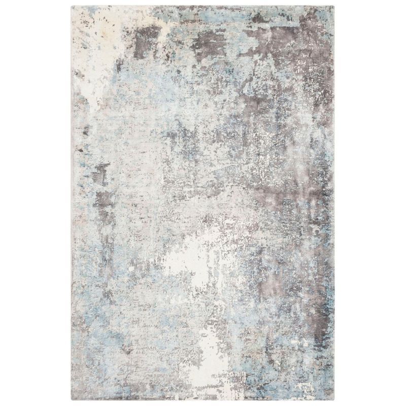 Ivory and Blue Hand-Knotted Viscose Area Rug, 6' x 9'