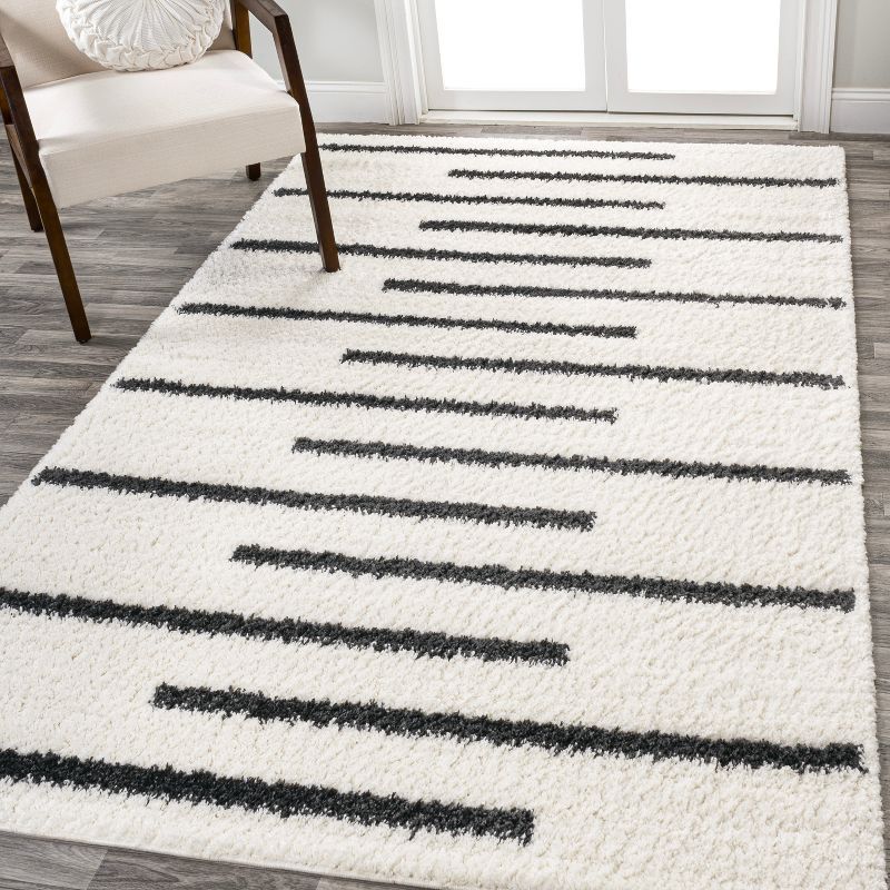 Alaro White and Gray Striped Shag Area Rug