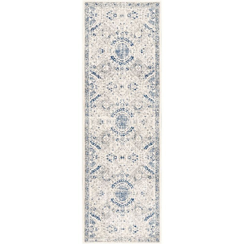 Blue and Off-White Tufted Vintage Runner Rug