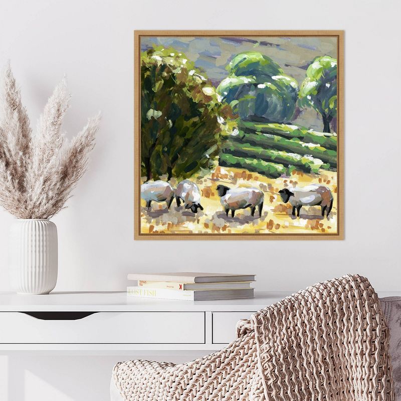 Sheep in Summer I Realism Art Canvas Print with Maple Frame