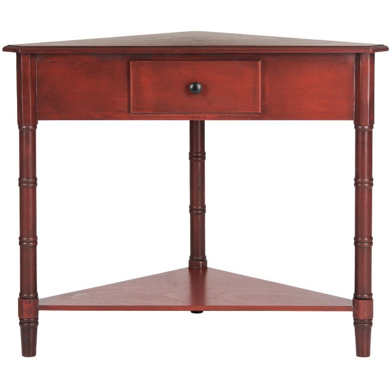 Red Pine Triangular Corner Table with Storage Drawer