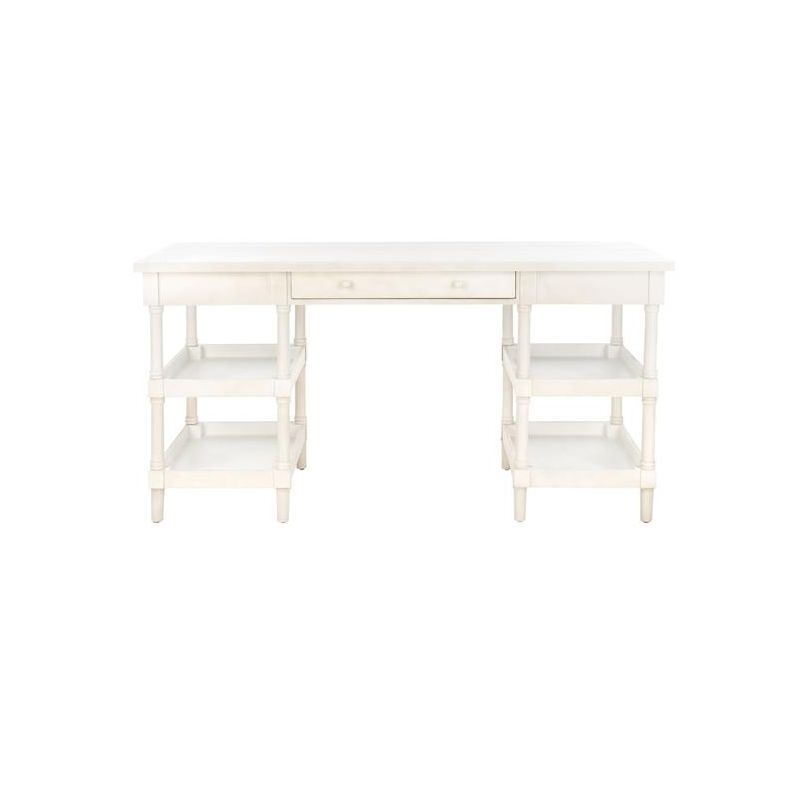 White Washed Wood Writing Desk with Drawer and Shelves