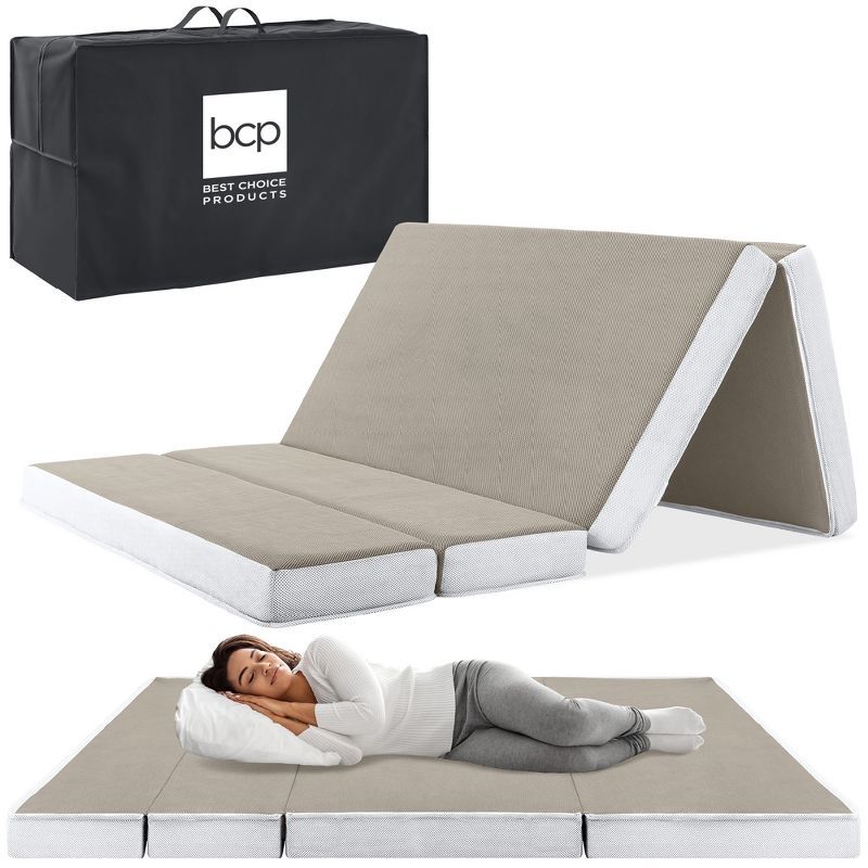 Full-Size Taupe Foldable Foam Mattress Topper with Carry Case