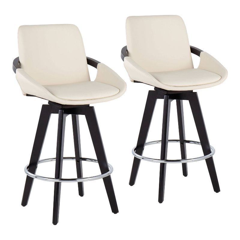 Cosmo Cream Faux Leather Swivel Counter Stools with Dark Wood Legs, Set of 2