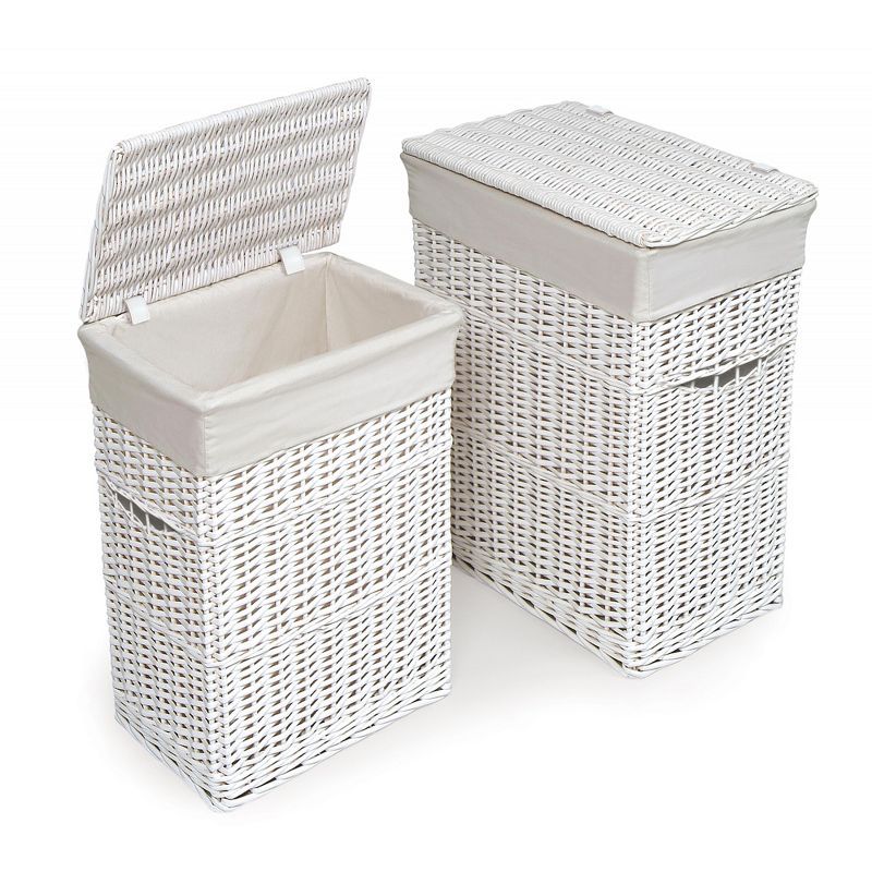 White Wicker Upright Hamper Set with Fabric Liners