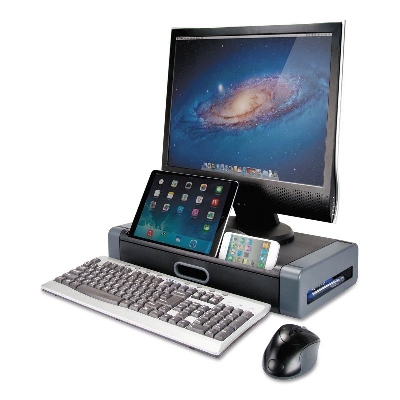 Black and Gray Plastic Monitor Riser with Drawer and Device Slot