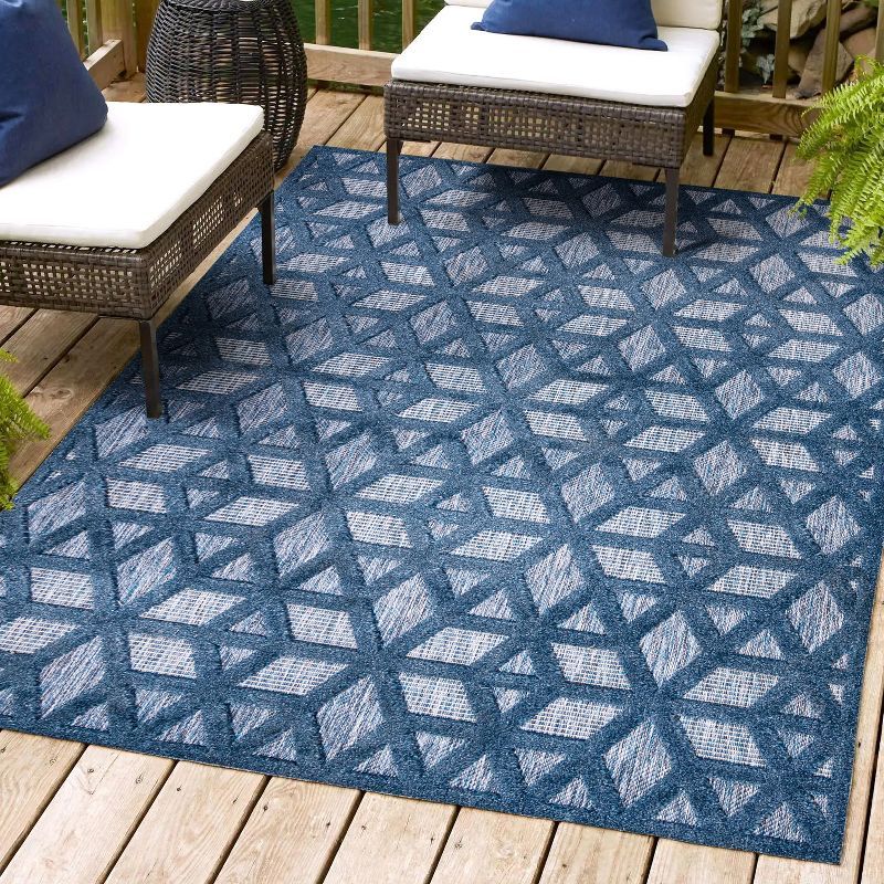 Navy Geometric Synthetic Reversible Rectangular Area Rug 63" x 8.7"