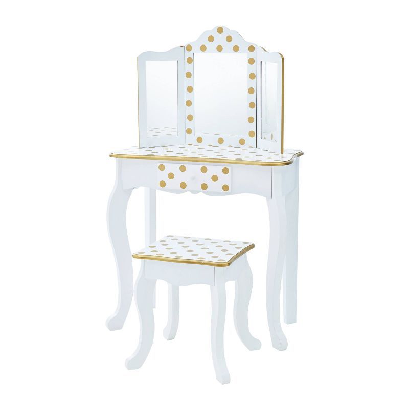 White and Gold Polka Dot Kids Vanity Set with Bench