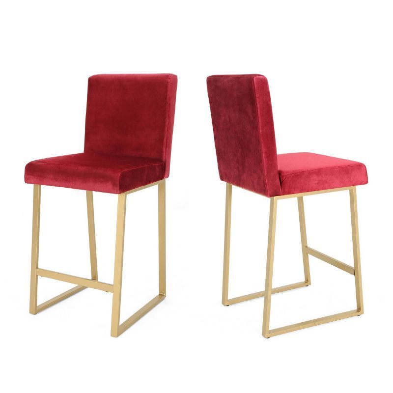 Wine Velvet and Brass Modern Barstools, Set of 2