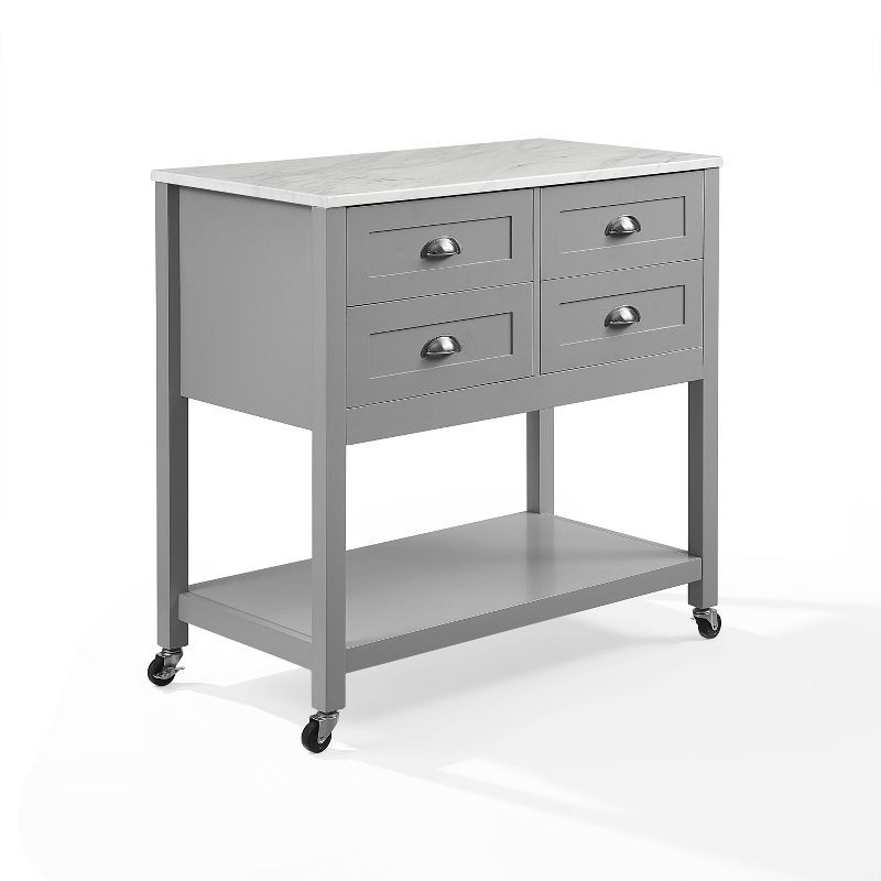 Elegant Gray Kitchen Cart with Faux Marble Top and Ample Storage