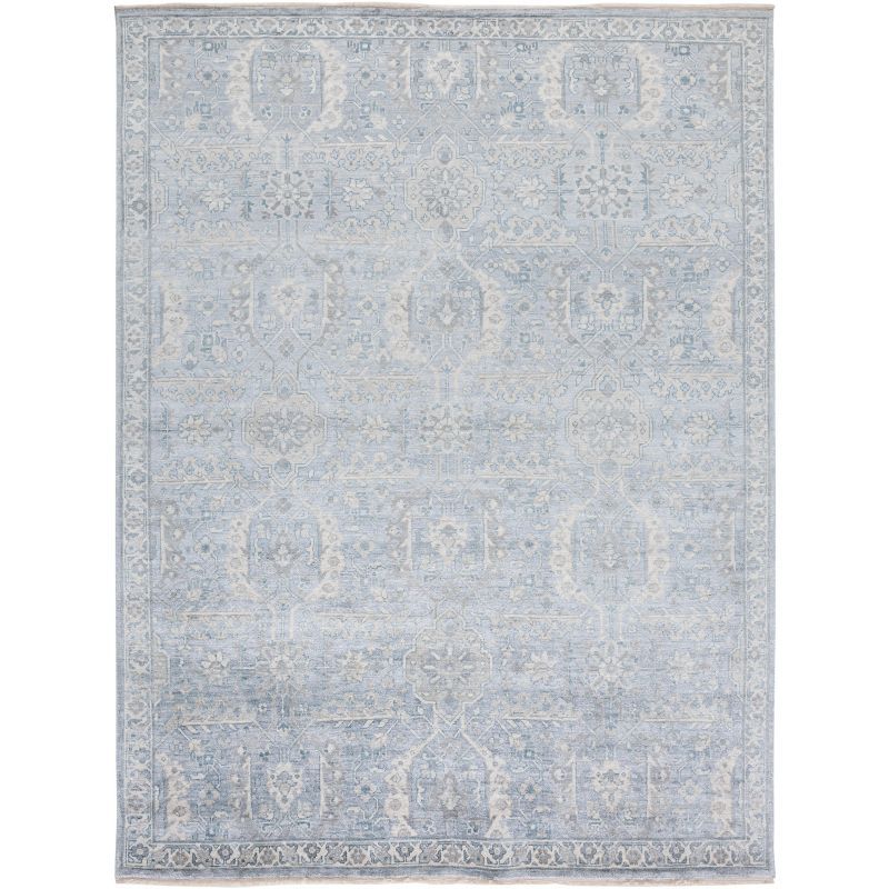 Light Blue Hand-Knotted Wool and Viscose Area Rug, 6' x 9'